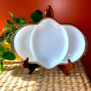 Anchor Hocking Fire King gold trim milk glass relish tray / trinket dish